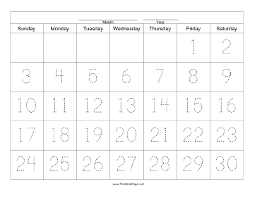 Handwriting Calendar - 30 Day - Friday Paper