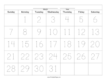 Handwriting Calendar - 31 Day - Monday Paper