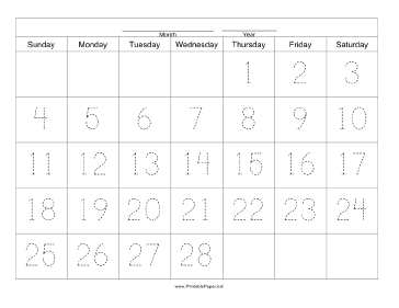 Handwriting Calendar - 28 Day - Thursday Paper