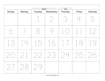 Handwriting Calendar - 29 Day - Tuesday Paper