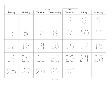 Handwriting Calendar - 30 Day - Wednesday Paper