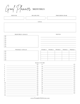 Goal Planner Monthly Paper