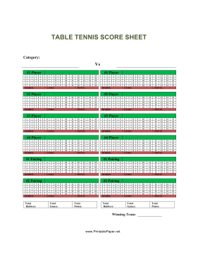 Table Tennis Score Sheet Paper