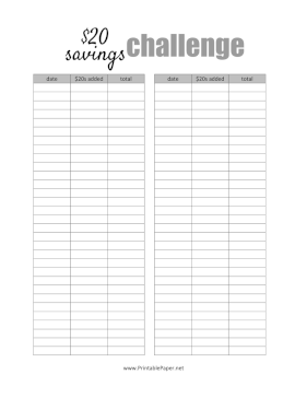 Twenty Dollar Savings Challenge Paper