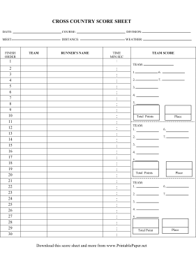 Cross Country Score Sheet Paper