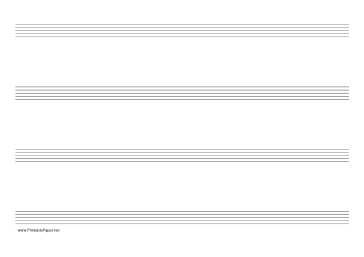 Music Paper with four staves on A4-sized paper in landscape orientation Paper