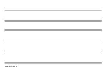 Music Paper with six staves on A4-sized paper in landscape orientation Paper