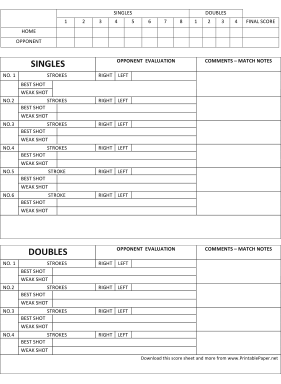 Tennis Score Sheet Paper