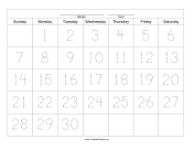Handwriting Calendar - 30 Day - Monday paper