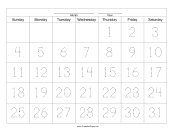 Handwriting Calendar - 31 Day - Thursday paper