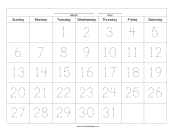 Handwriting Calendar - 31 Day - Tuesday paper