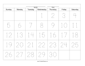Handwriting Calendar - 30 Day - Wednesday paper