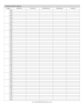 Appointment Book Weekday In 15-Minute Increments Paper