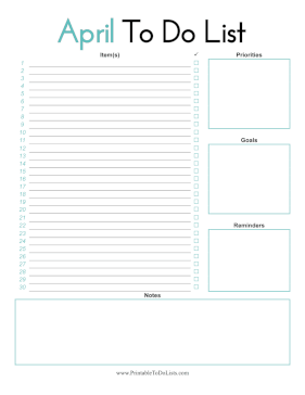 April To Do List Paper