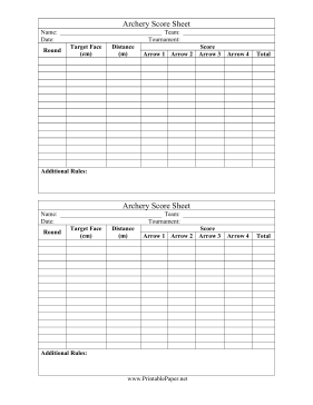 Archery Score Sheet Paper