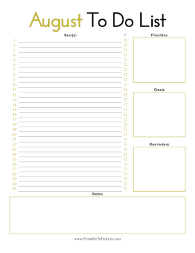 August To Do List Paper