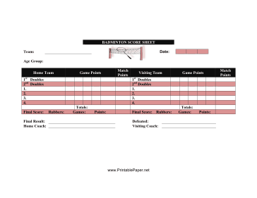 Badminton Score Sheet Paper