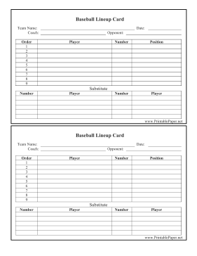 Baseball Lineup Card Paper