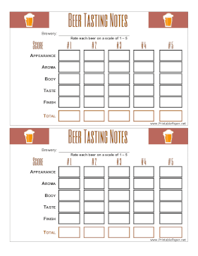 Beer Tasting Score Card Paper