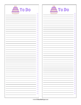 Birthday Cake To Do List Paper