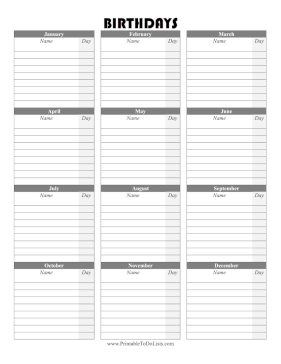 Birthday List Paper