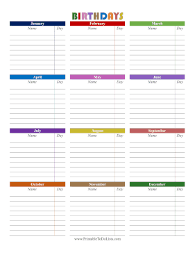 Colorful Birthday List  Paper