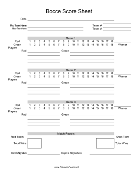 Bocce Score Sheet Paper