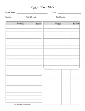 Boggle Score Sheet Paper