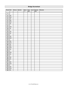 Bridge Scoresheet Paper