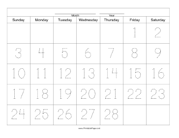 Handwriting Calendar - 28 Day - Friday Paper