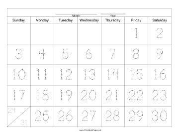 Handwriting Calendar - 31 Day - Friday Paper