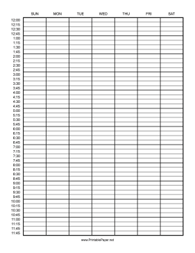 Calendar - 1 Week - Half Days by Quarter Hour Paper