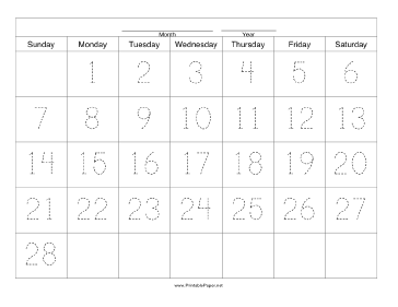 Handwriting Calendar - 28 Day - Monday Paper