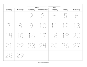 Handwriting Calendar - 29 Day - Monday Paper