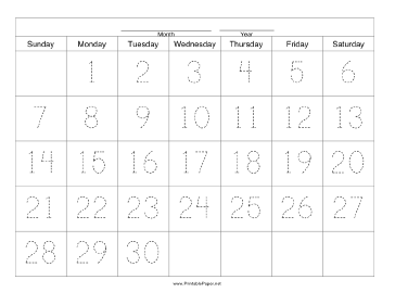 Handwriting Calendar - 30 Day - Monday Paper