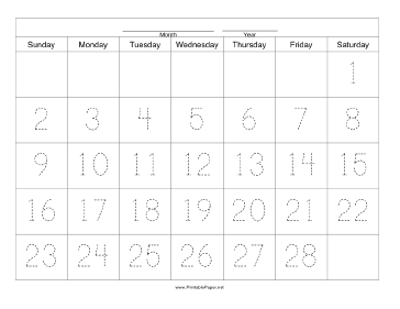Handwriting Calendar - 28 Day - Saturday Paper