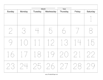 Handwriting Calendar - 29 Day - Saturday Paper