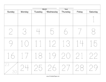 Handwriting Calendar - 30 Day - Saturday Paper