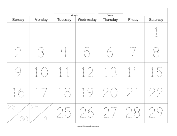 Handwriting Calendar - 31 Day - Saturday Paper