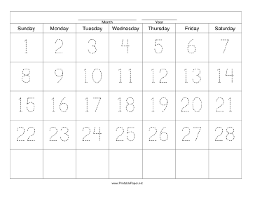 Handwriting Calendar - 28 Day - Sunday Paper