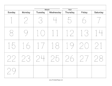 Handwriting Calendar - 29 Day - Sunday Paper