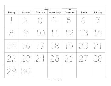 Handwriting Calendar - 30 Day - Sunday Paper