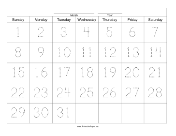 Handwriting Calendar - 31 Day - Sunday Paper