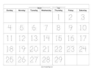 Handwriting Calendar - 29 Day - Thursday Paper