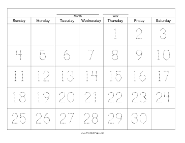Handwriting Calendar - 30 Day - Thursday Paper
