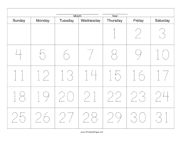 Handwriting Calendar - 31 Day - Thursday Paper