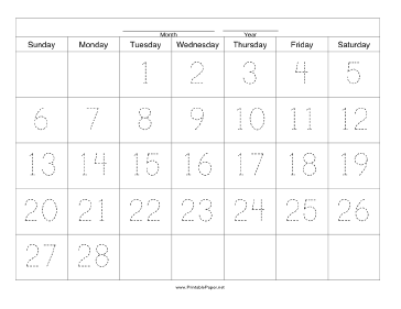 Handwriting Calendar - 28 Day - Tuesday Paper