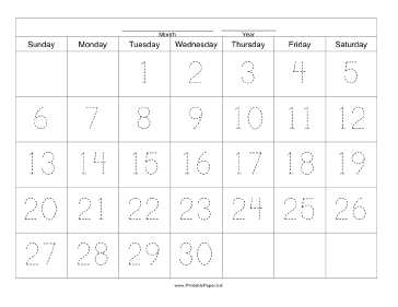 Handwriting Calendar - 30 Day - Tuesday Paper