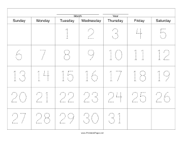 Handwriting Calendar - 31 Day - Tuesday Paper