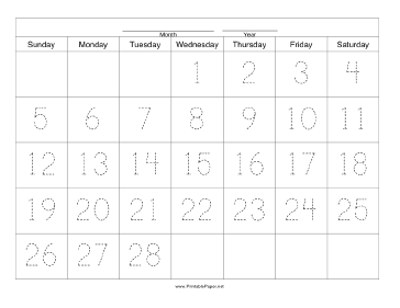 Handwriting Calendar - 28 Day - Wednesday Paper